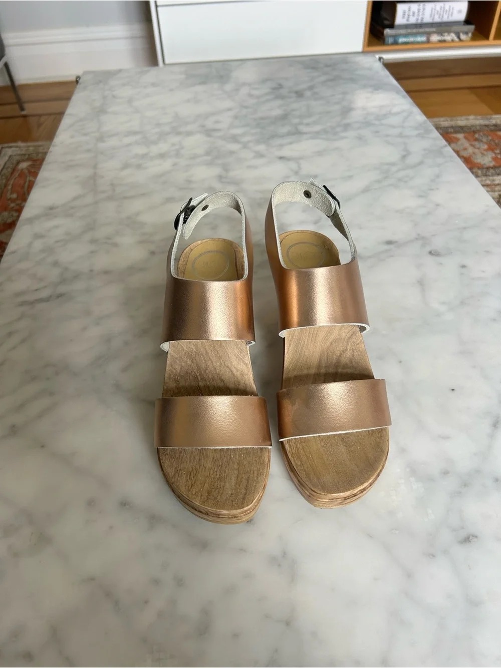 No. 6 Metallic Rose Gold Leather Platform Sandals